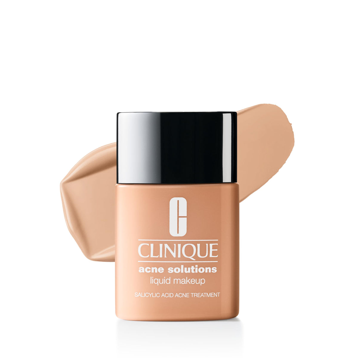 Clinique Acne Solutions Liquid Makeup bottle close-up highlighting sleek packaging and oil-free finish.