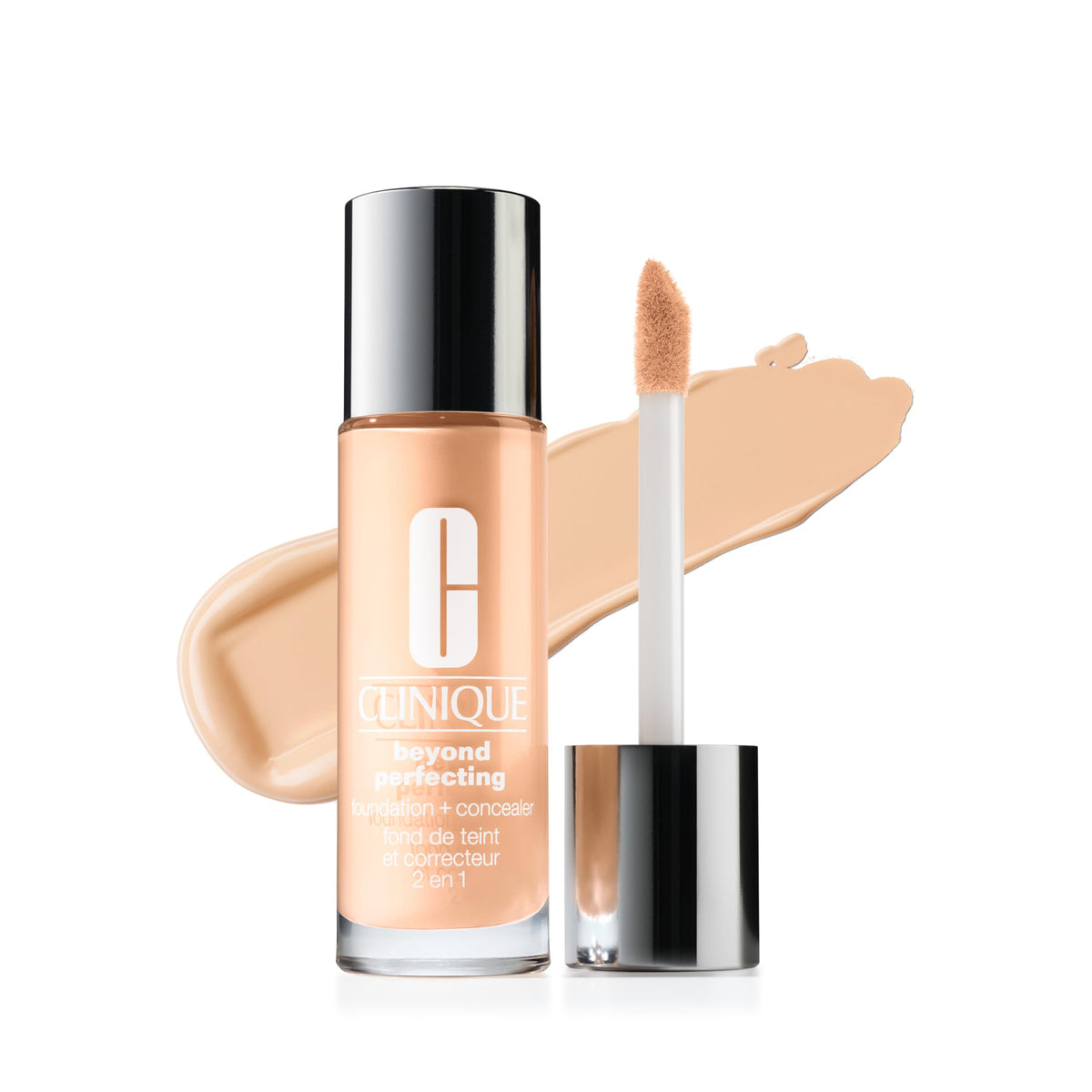 Clinique Beyond Perfecting bottle closeup showing hydrating foundation for dry to combination skin.