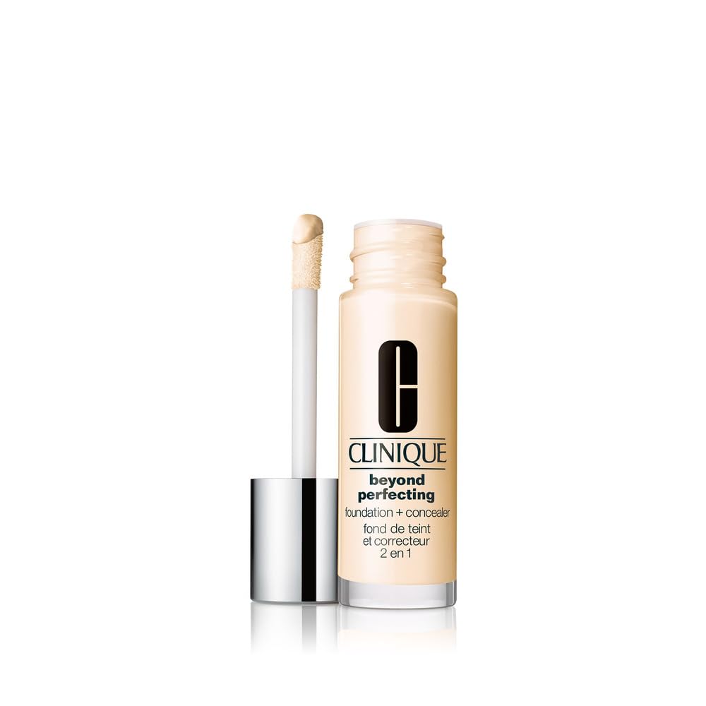 Clinique Beyond Perfecting bottle close-up showing shade and premium packaging.