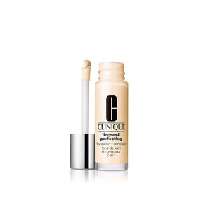 Clinique Beyond Perfecting bottle close-up showing shade and premium packaging.