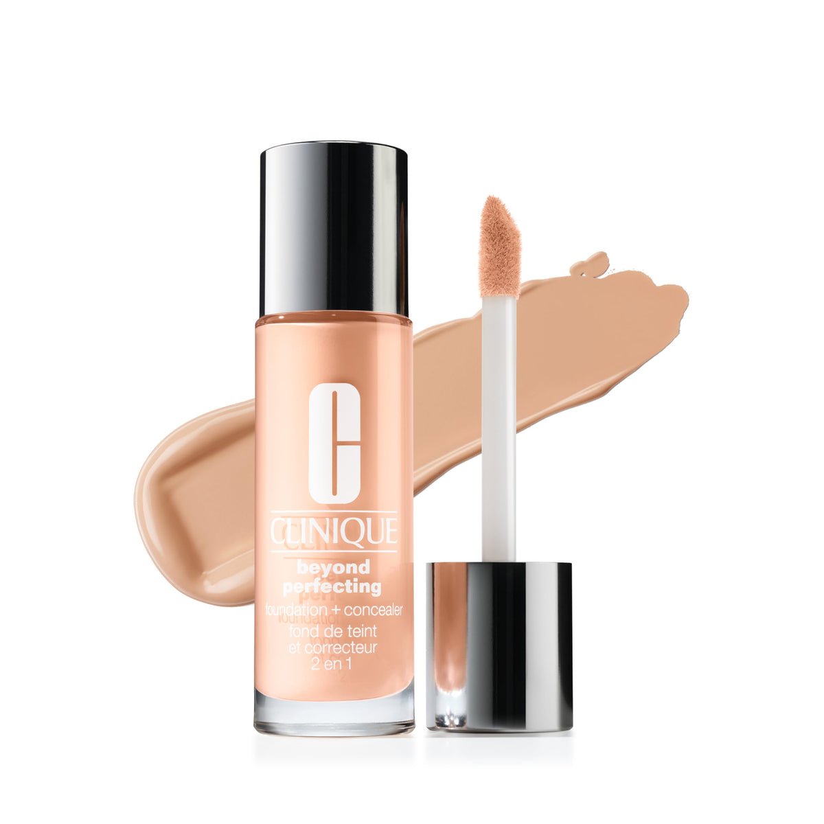 Clinique Beyond Perfecting bottle pour demonstrates smooth, long-wearing coverage.