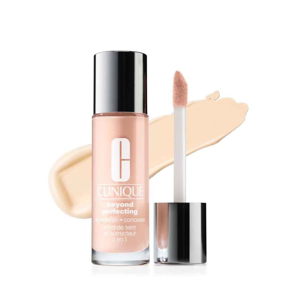 Clinique Beyond Perfecting Breeze bottle swirl shows hydrating foundation and concealer in action.