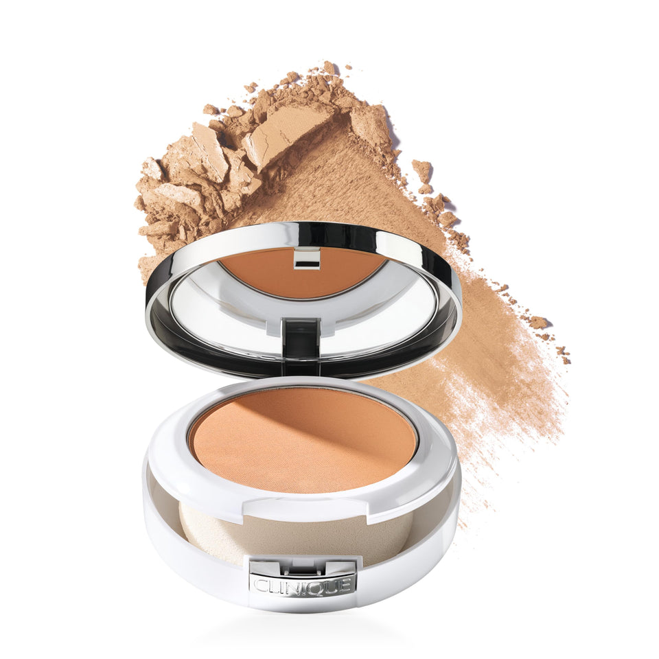 Clinique Beyond Perfecting Powder compact close-up with natural matte finish for all-day wear.