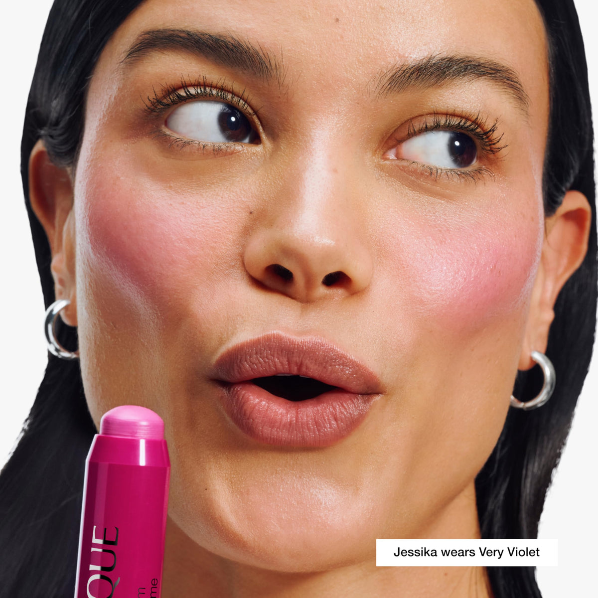 Clinique Chubby Cream Blush Stick cheek swatch showing buildable color.