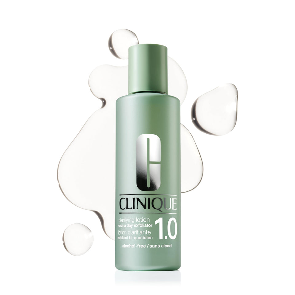 Clinique Clarifying Lotion 1.0 bottle showing gentle exfoliation for sensitive skin