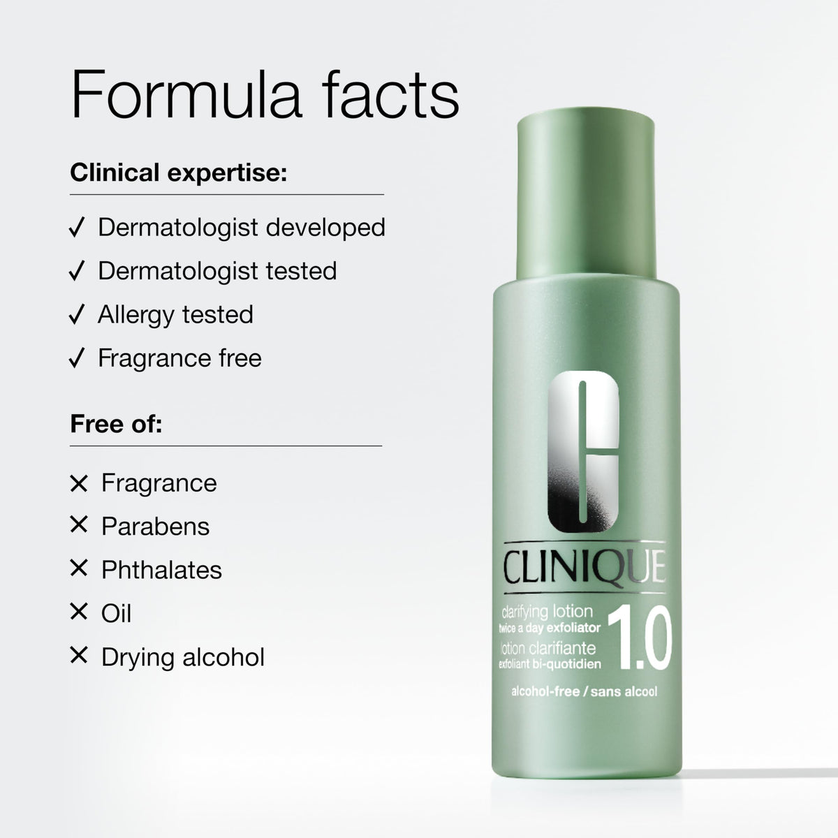 Fragrance-free Clinique Clarifying Lotion 1.0 label indicating sensitive skin suitability