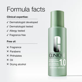 Fragrance-free Clinique Clarifying Lotion 1.0 label indicating sensitive skin suitability