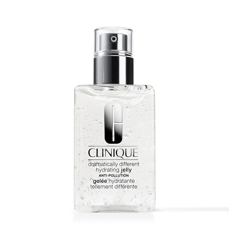 Clinique Dramatically Different Hydrating Jelly bottle demonstrates oil-free hydration for all skin types.