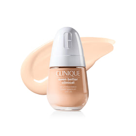 Clinique Even Better Clinical Serum Foundation bottle closeup showing sleek packaging and skin-perfecting formula.