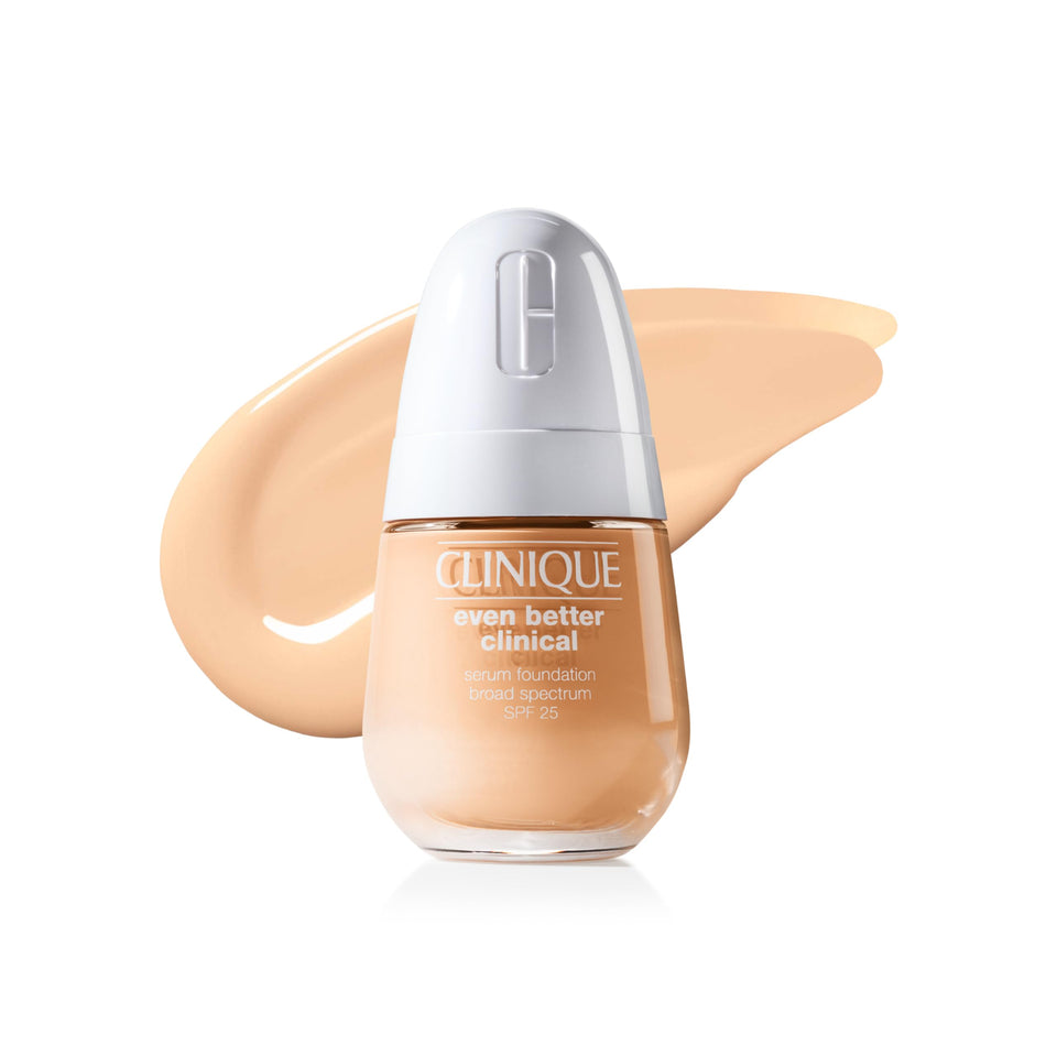 Clinique Even Better Clinical Serum Foundation bottle front shows full coverage for balanced, even-toned skin.