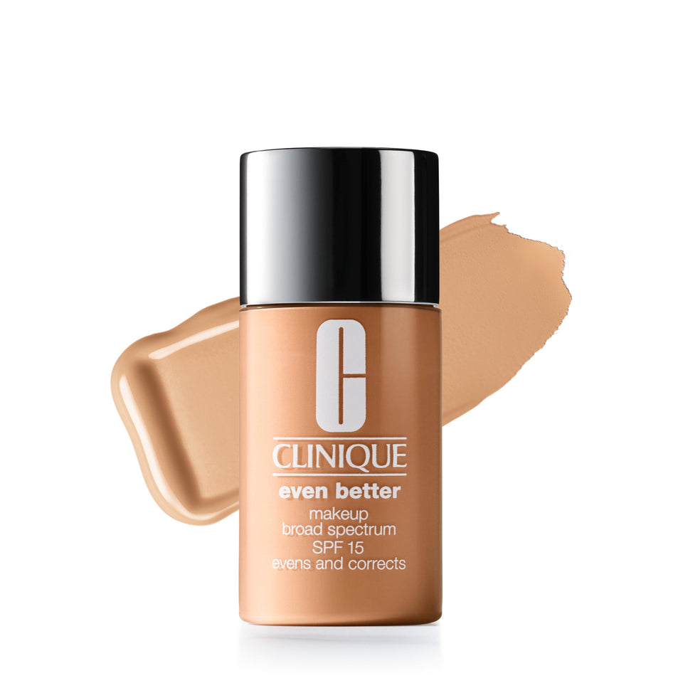 Clinique Even Better Makeup bottle close-up showing hydrating formula for all-day wear.