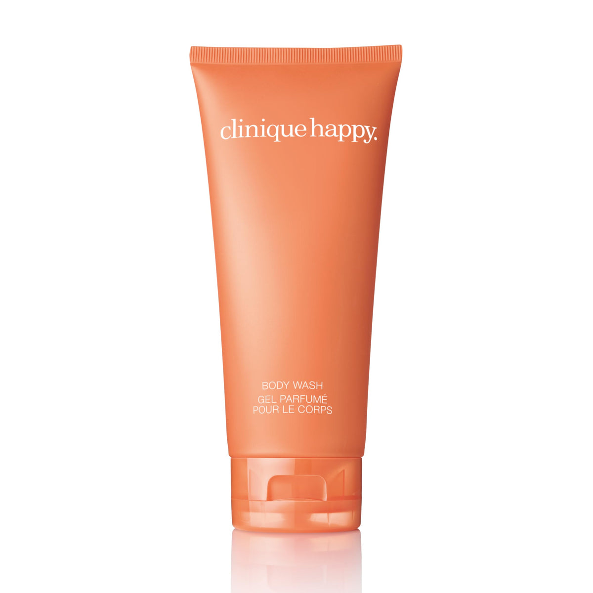 Clinique Happy Body Wash bottle pour shows a refreshing citrus-floral cleanse.