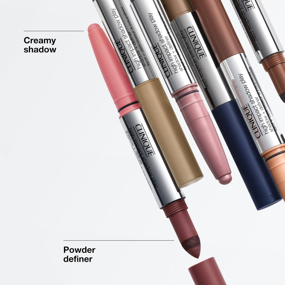 Clinique High Impact Shadow Play 11 shade pair swatches in wearable neutrals to bolds.