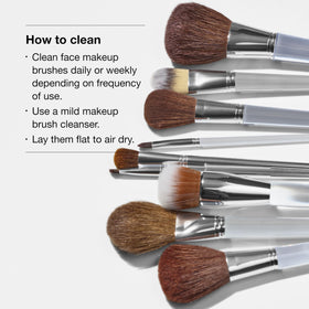Clinique makeup brush care showing cleaning and air drying to extend bristle life.
