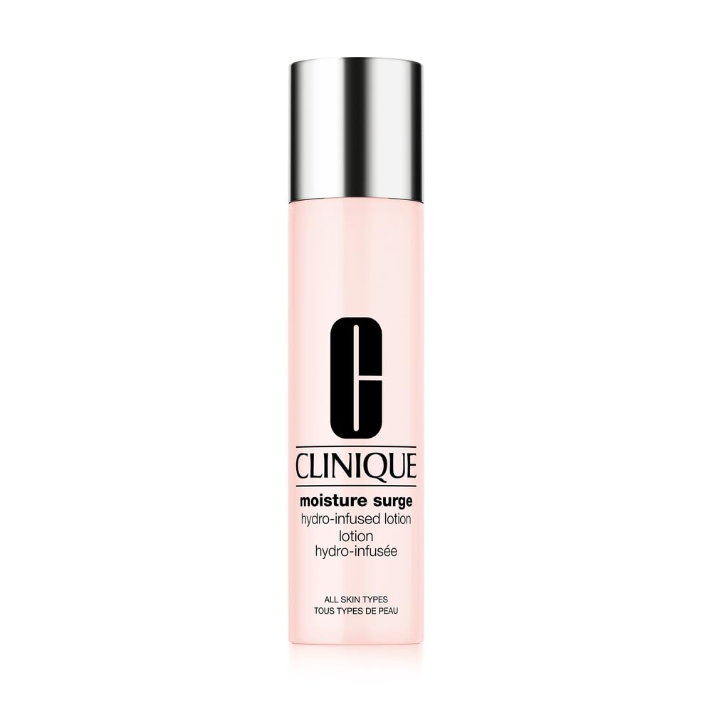 Bottle of Clinique Moisture Surge Hydro-Infused Lotion showing lightweight hydration for instant comfort.