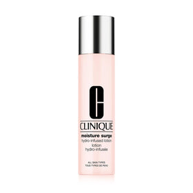 Bottle of Clinique Moisture Surge Hydro-Infused Lotion showing lightweight hydration for instant comfort.