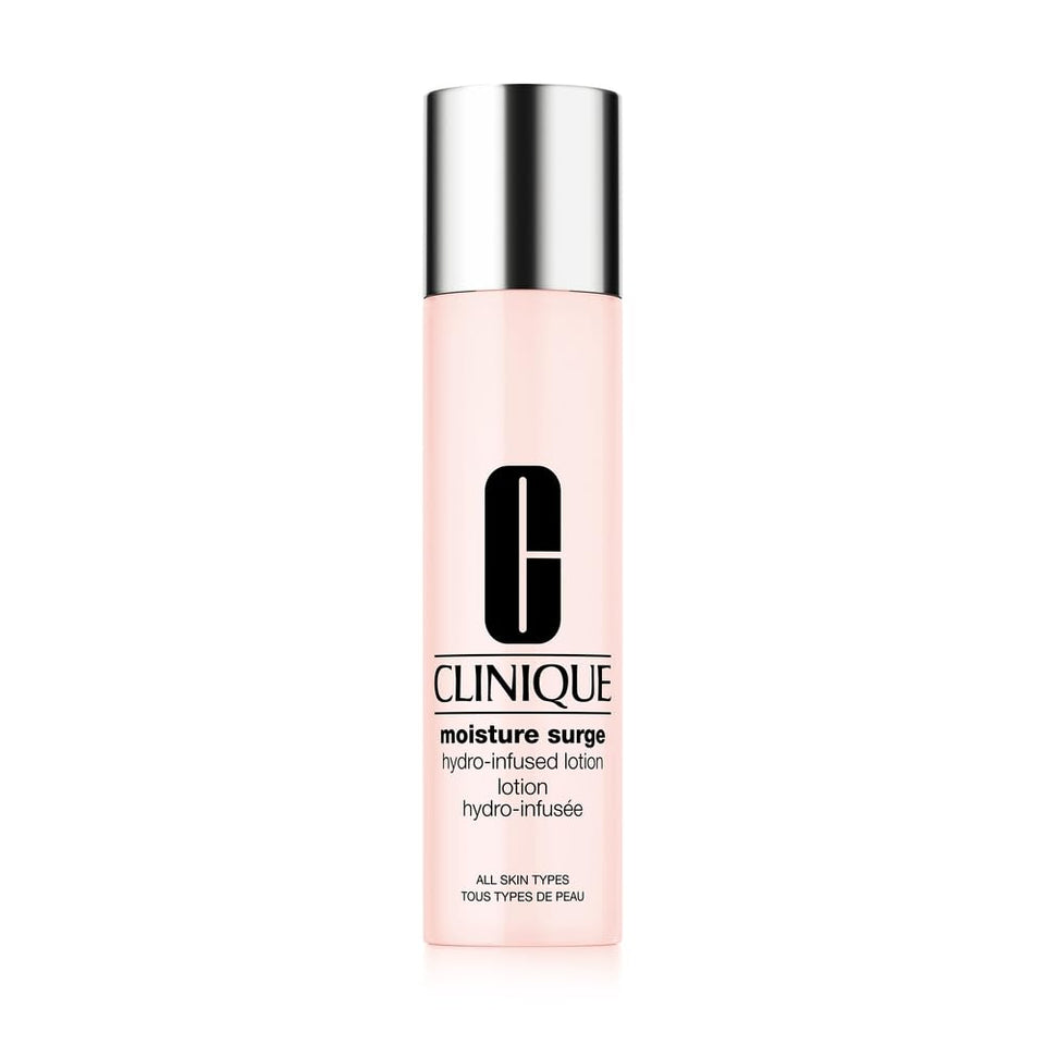 Bottle of Clinique Moisture Surge Hydro-Infused Lotion showing lightweight hydration for instant comfort.