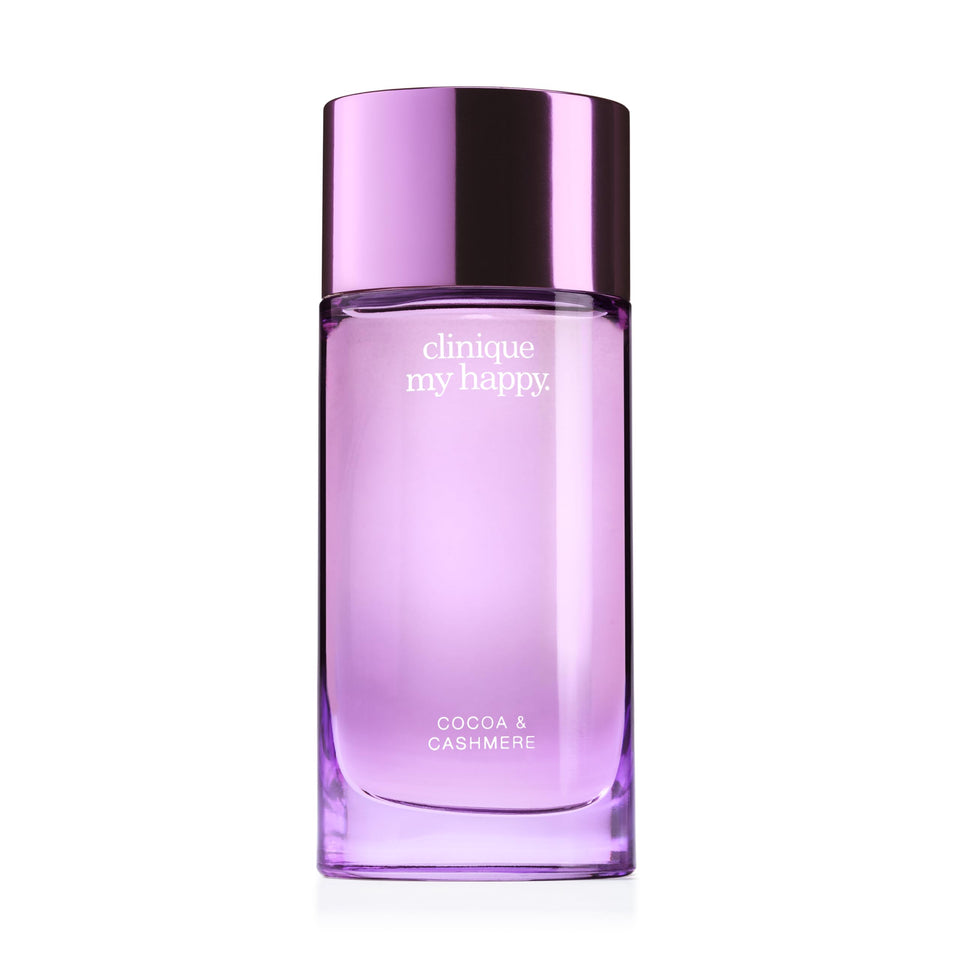 Clinique My Happy Cocoa & Cashmere bottle—warm cocoa and musk mood for cozy evenings.