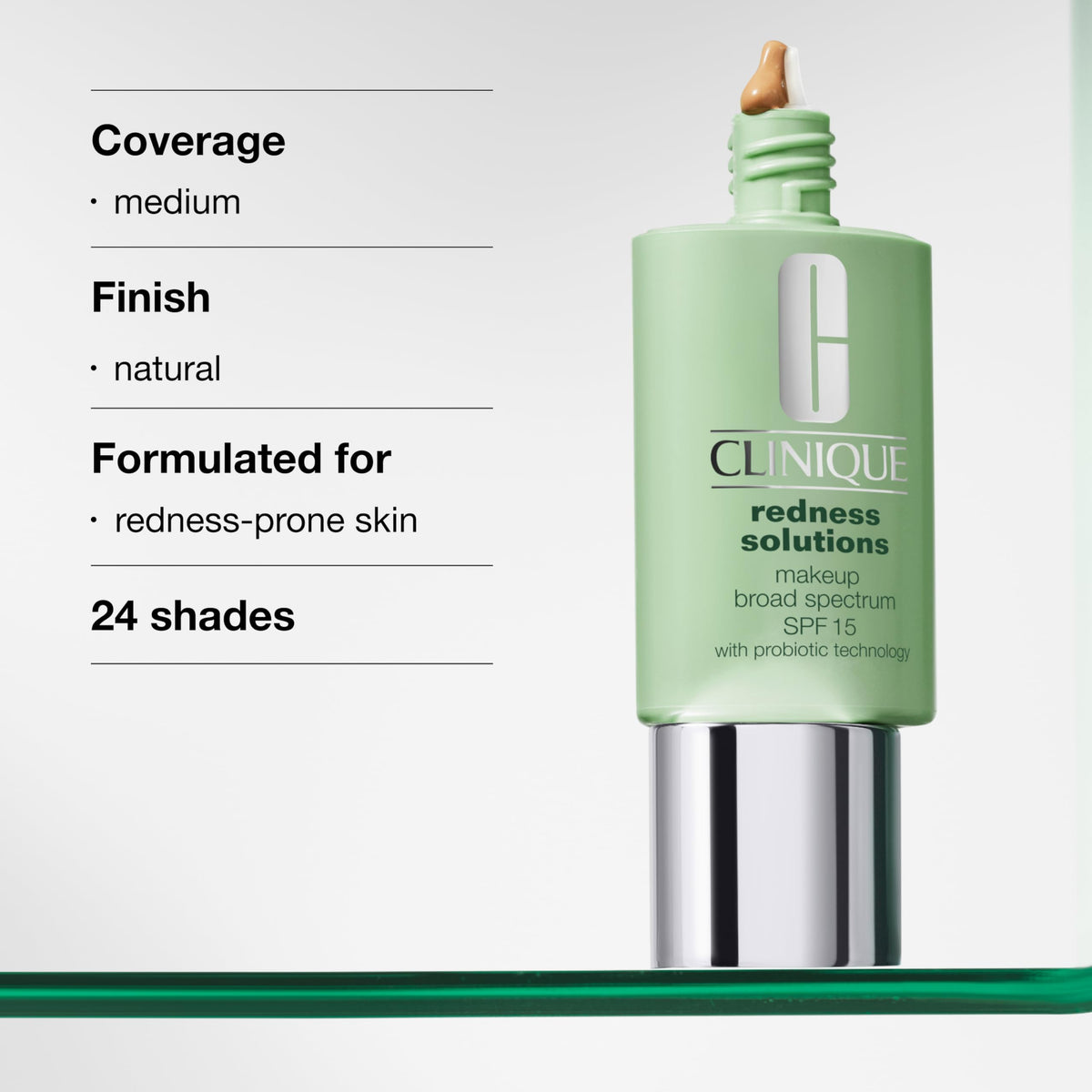 Clinique Redness Solutions bottle close-up with SPF label highlighting protection