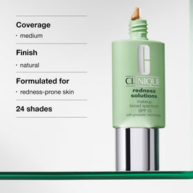 Clinique Redness Solutions bottle close-up with SPF label highlighting protection