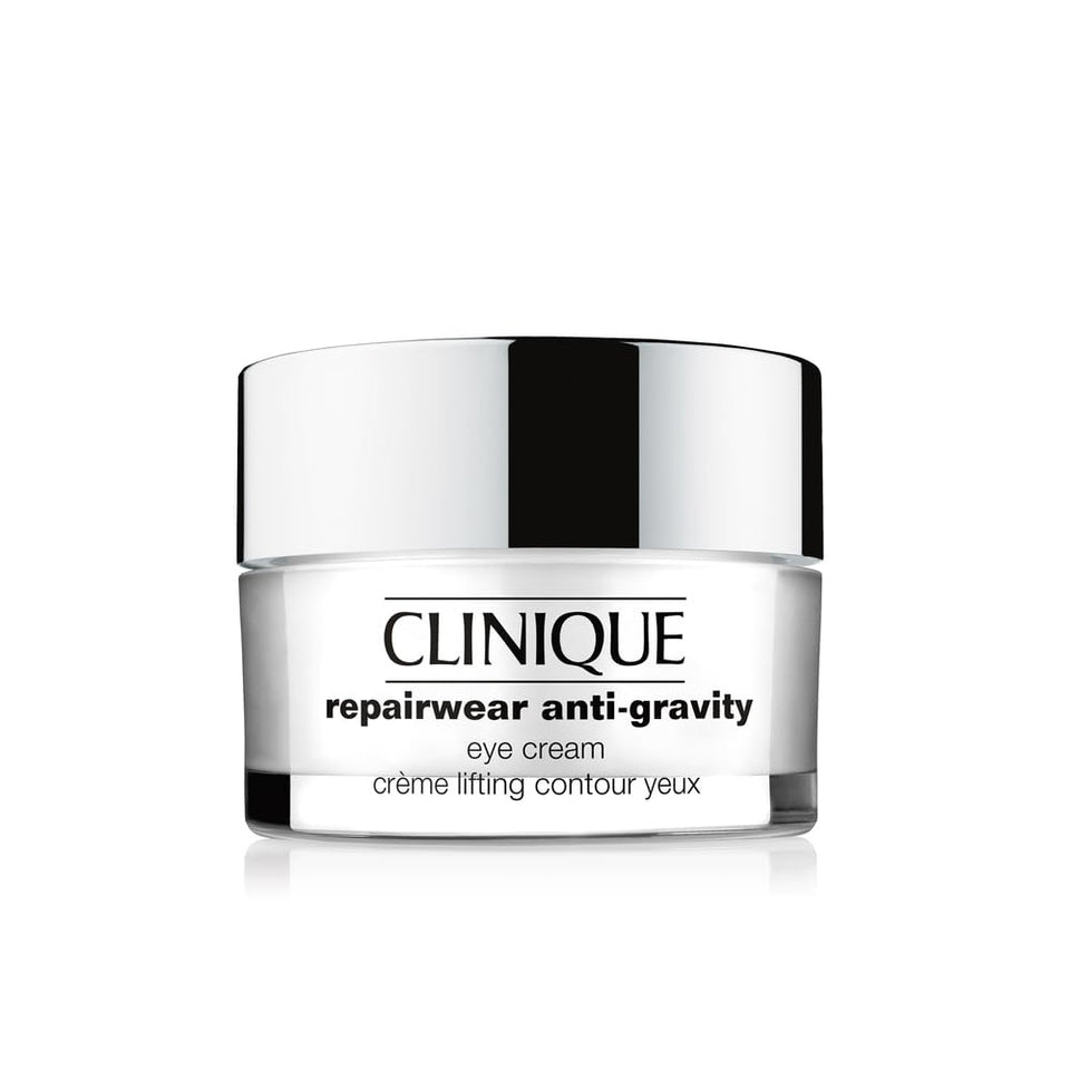 Clinique Repairwear Anti-Gravity Eye Cream bottle close-up showing hydrating formula for brighter eyes.