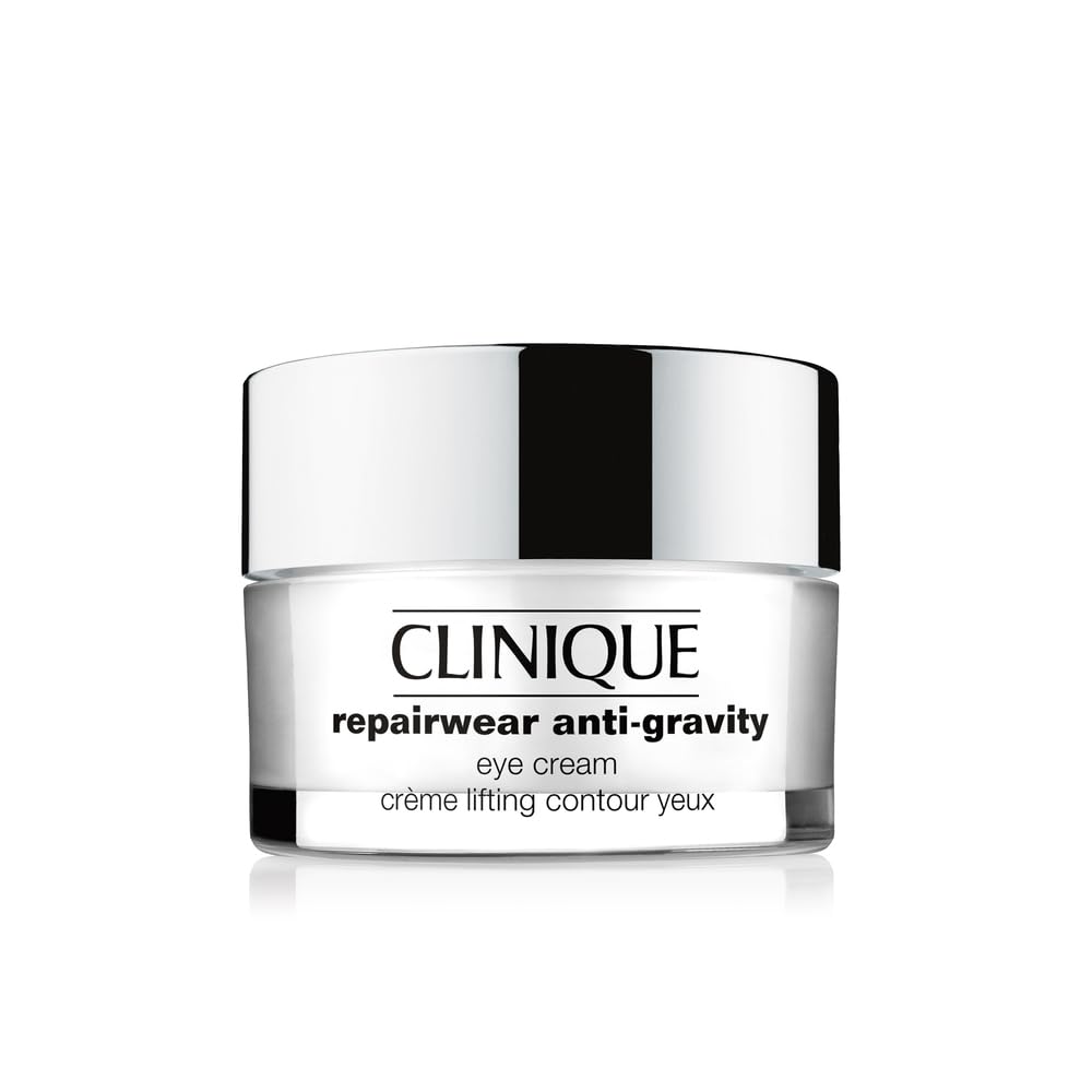 Clinique Repairwear Anti-Gravity Eye Cream bottle close-up showing hydrating formula for brighter eyes.