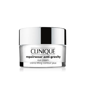 Clinique Repairwear Anti-Gravity Eye Cream bottle close-up showing hydrating formula for brighter eyes.