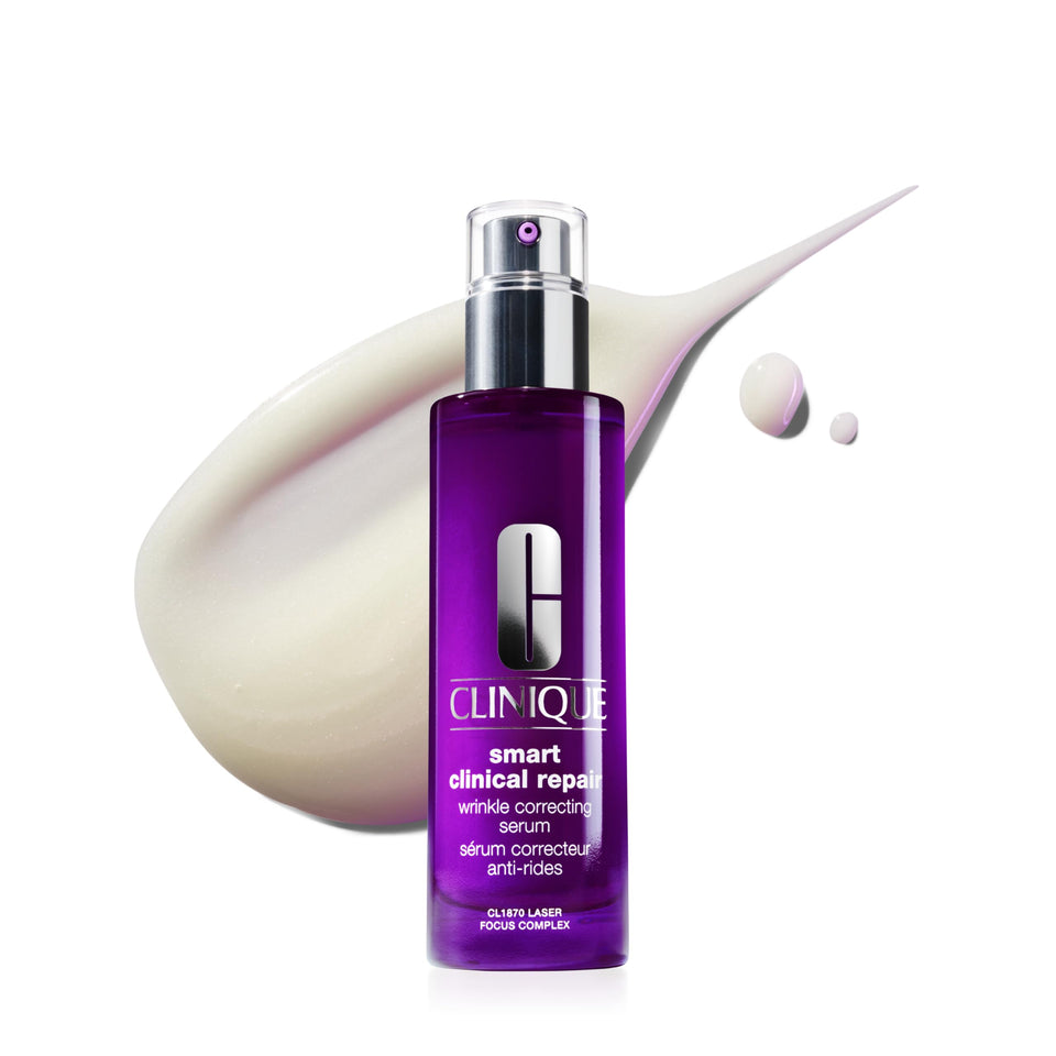 Clinique Smart Clinical Repair serum bottle shows premium anti-aging formula for the skin