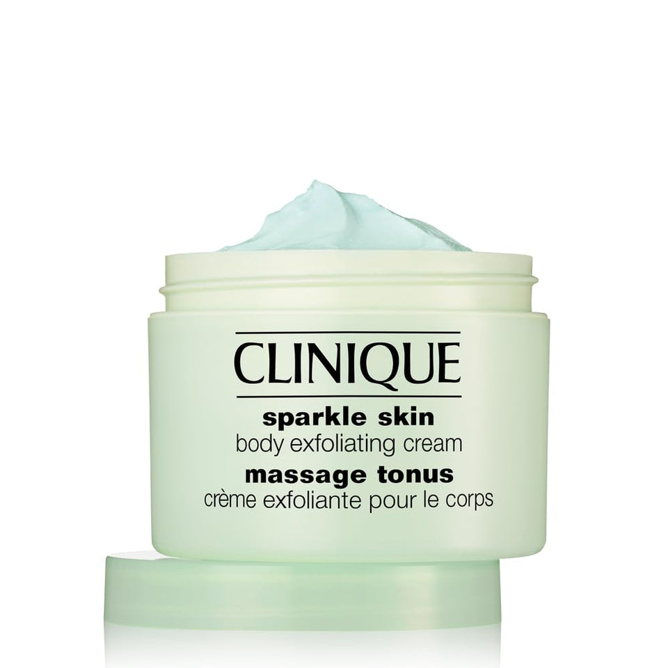 Clinique Sparkle Skin body exfoliating cream jar promotes smooth, even skin texture.