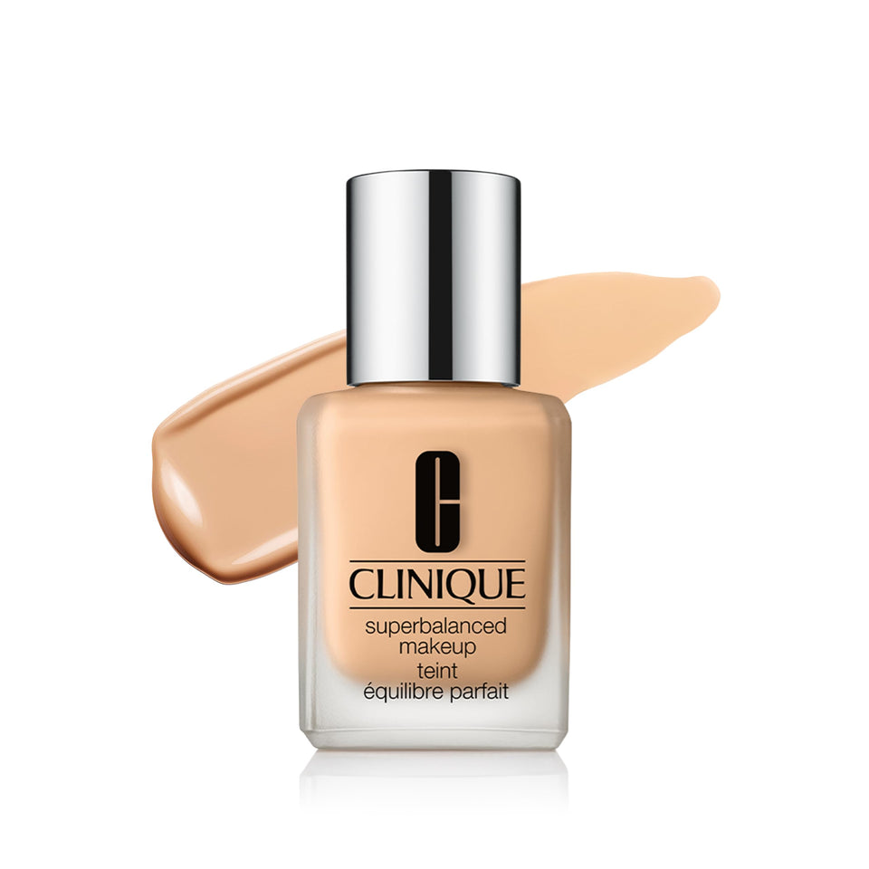 Clinique Superbalanced foundation bottle close-up showing hydrated, natural finish.