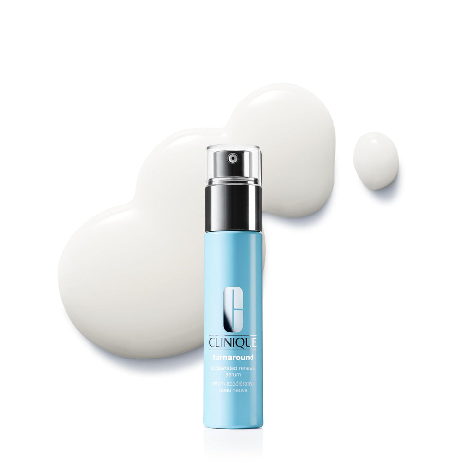 Clinique Turnaround serum bottle in glass packaging signaling premium renewal.