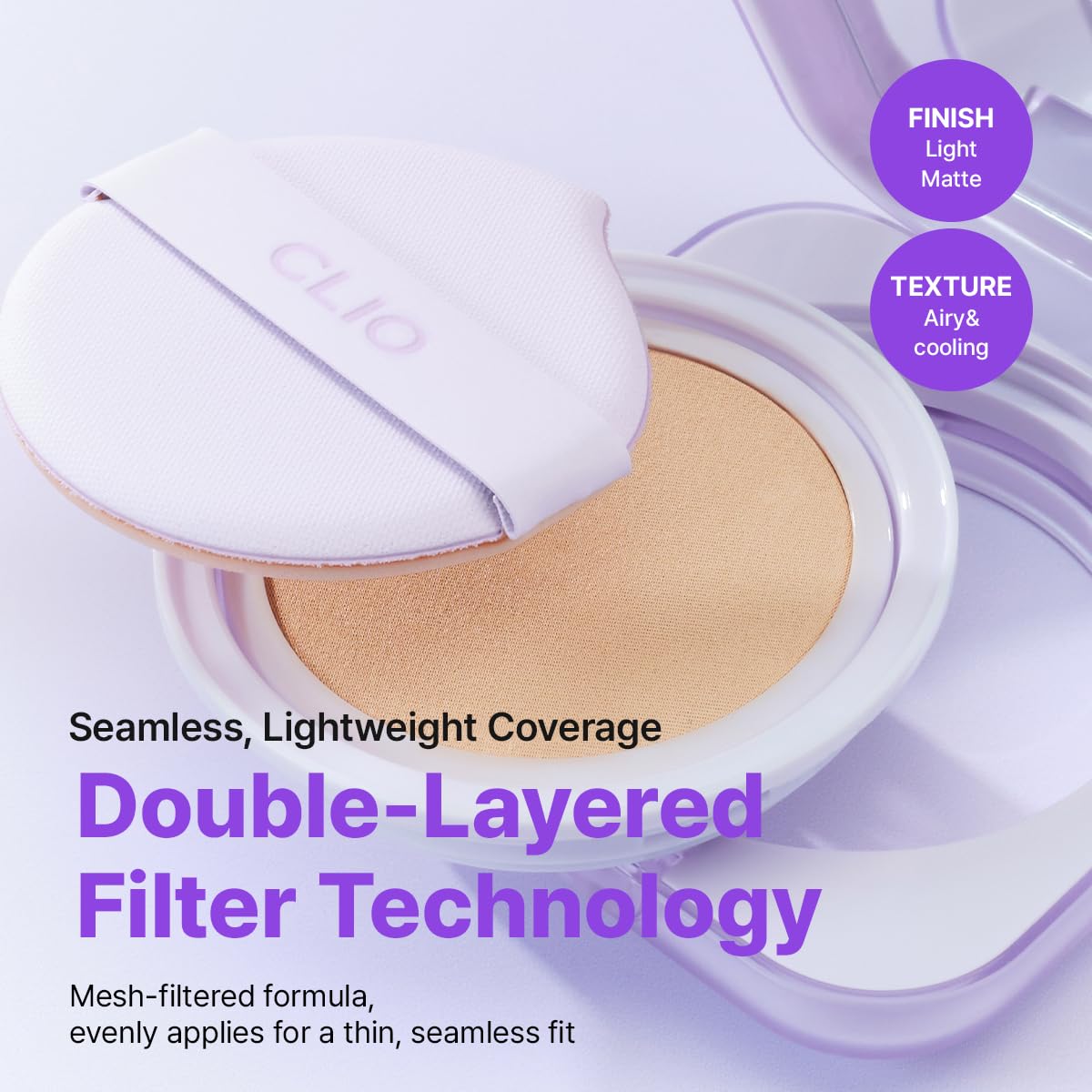 CLIO Kill Cover Mesh Blur Cushion provides long-wear adhesion for all-day confidence.