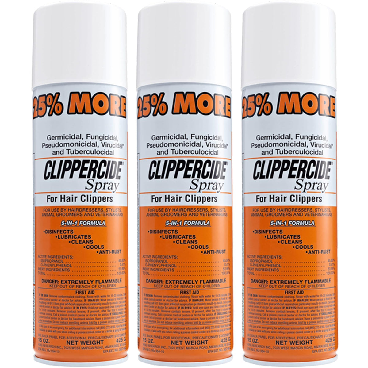 Clippercide 5-in-1 clipper spray disinfects blades for professional hygiene.