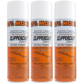 Clippercide 5-in-1 clipper spray disinfects blades for professional hygiene.