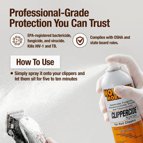 Clippercide blade cleaning action removes hair and debris while cooling blades.