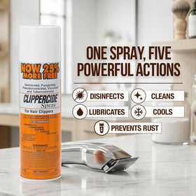 Clippercide bottle demonstrates easy application for quick sanitizing between clients.