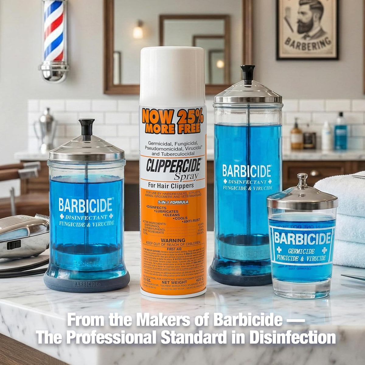 Clippercide professional barber salon use supports trusted grooming tools.
