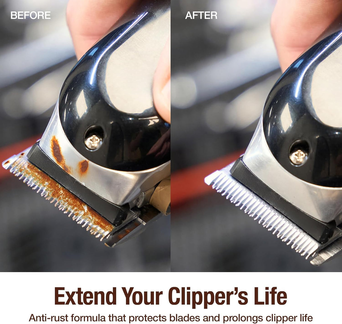 Clippercide rust prevention coating shields blades from corrosion.