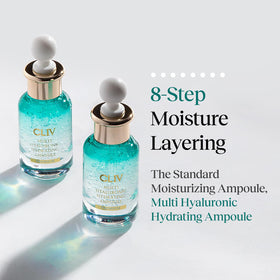 CLIV ampoule bottle close-up highlights clean design and 8-layer hydration potential