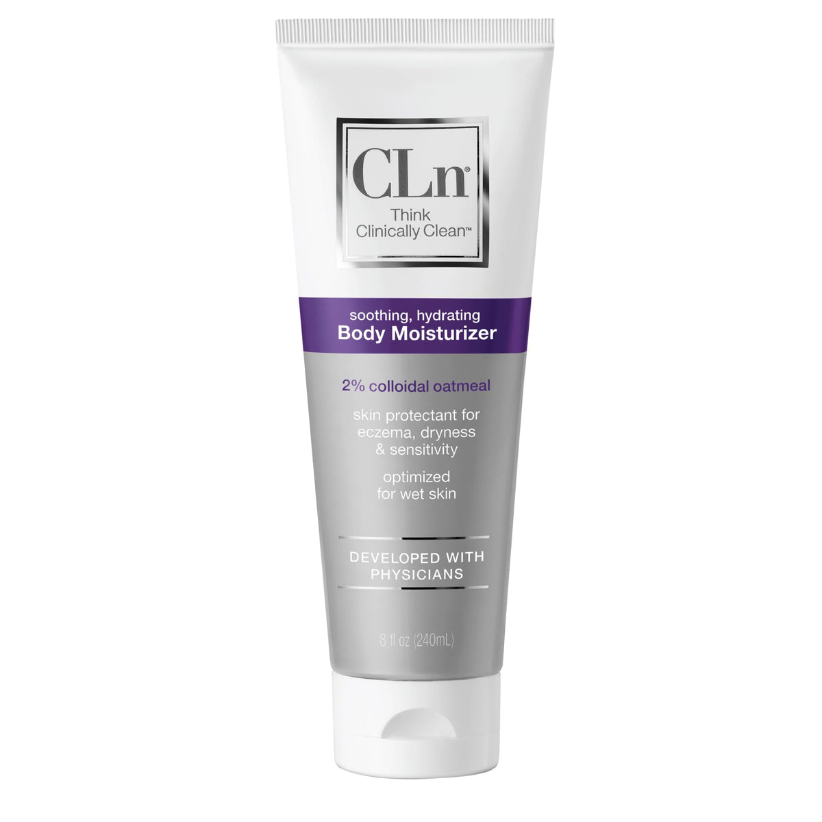 CLn Body Moisturizer jar shows 2% colloidal oatmeal for soothing hydration