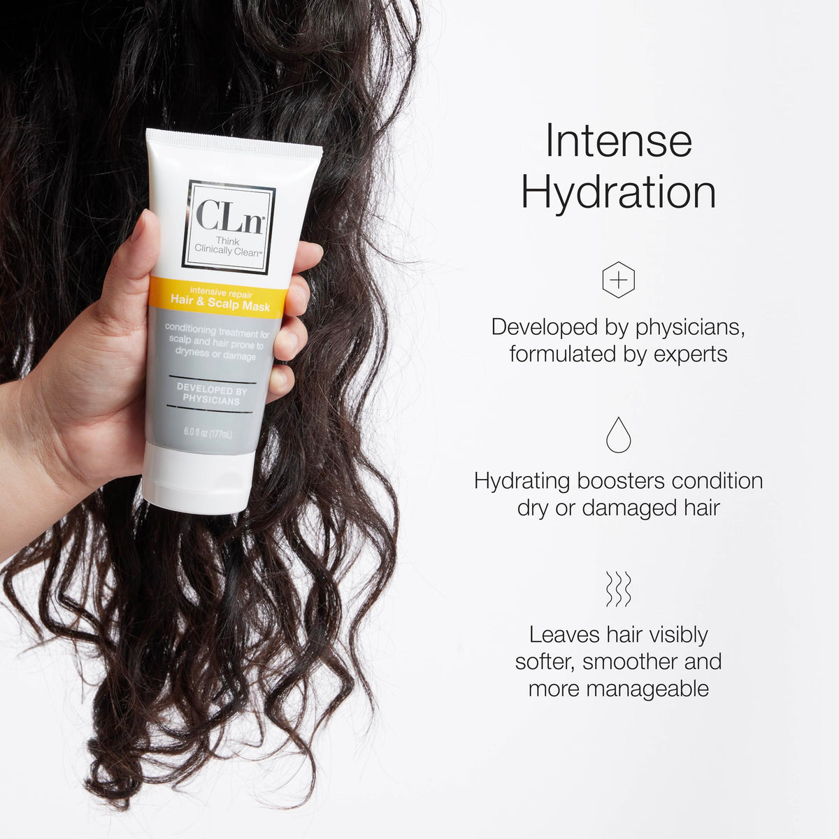 Person applying CLn Hair Mask as part of a hair care routine.