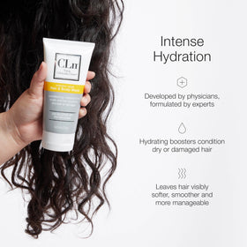 Person applying CLn Hair Mask as part of a hair care routine.