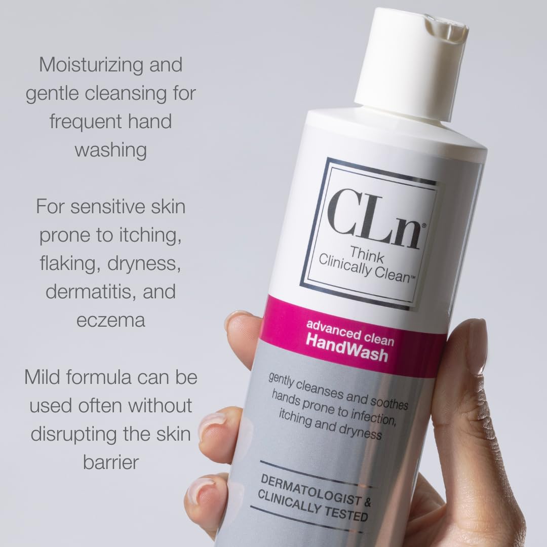 CLn HandWash after-use hand care visual suggests soothing, non-drying benefits during daily routines.