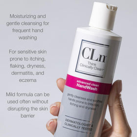 CLn HandWash after-use hand care visual suggests soothing, non-drying benefits during daily routines.