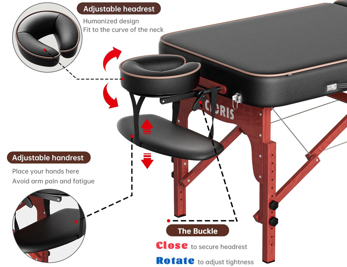 CLORIS 84-inch massage table with reinforced beech wood legs for stability