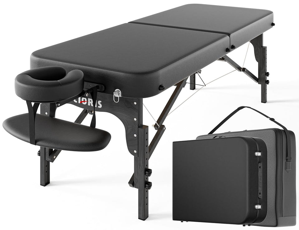 CLORIS 84-inch professional massage table folded for easy storage and travel.
