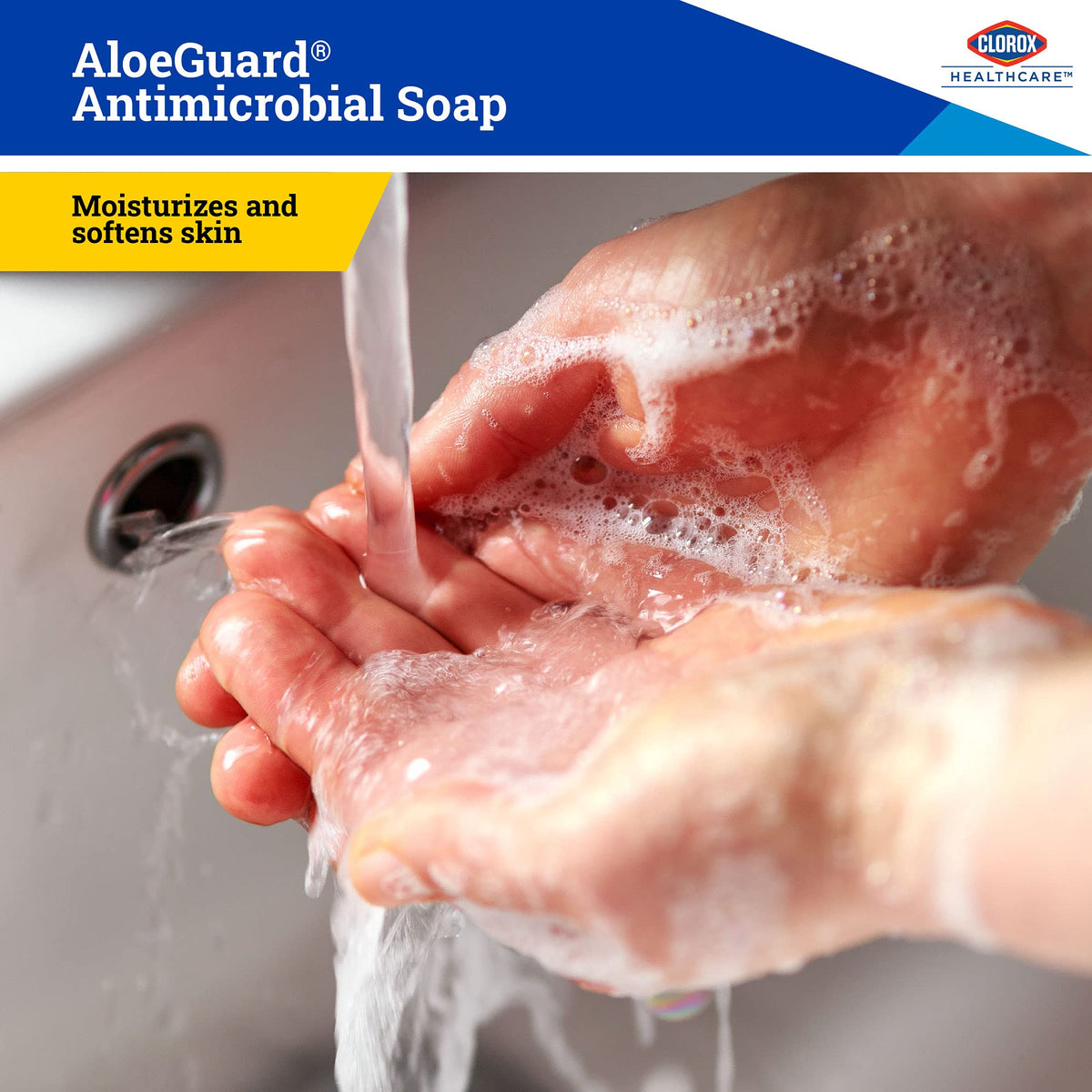 Hands dispensing AloeGuard hand soap from a pump bottle.