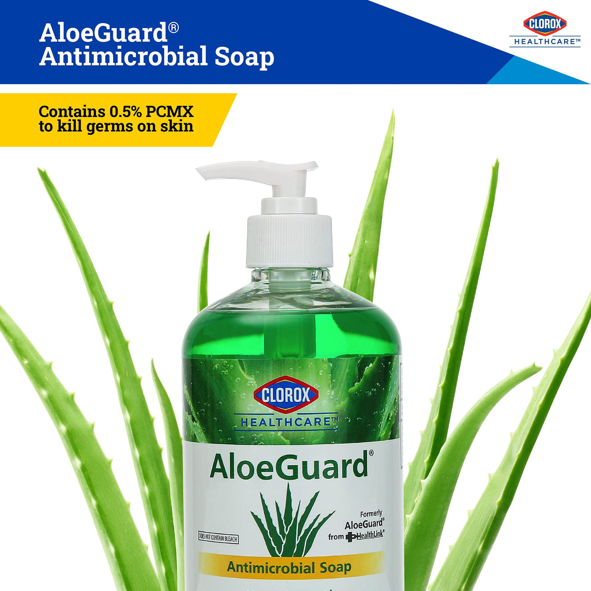Close-up of AloeGuard label highlighting triclosan-free antimicrobial action.