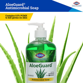 Close-up of AloeGuard label highlighting triclosan-free antimicrobial action.