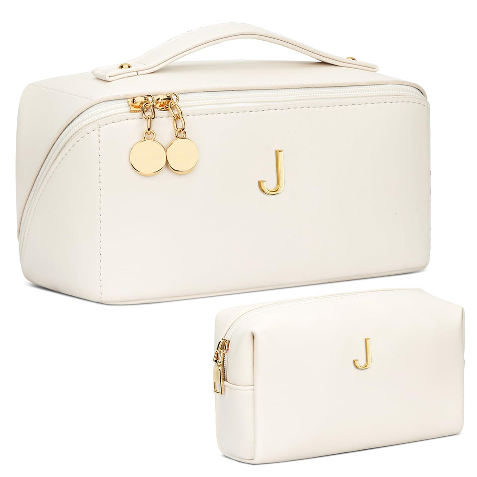 CLOUDWINGS initial makeup bag in beige, open view for quick access.